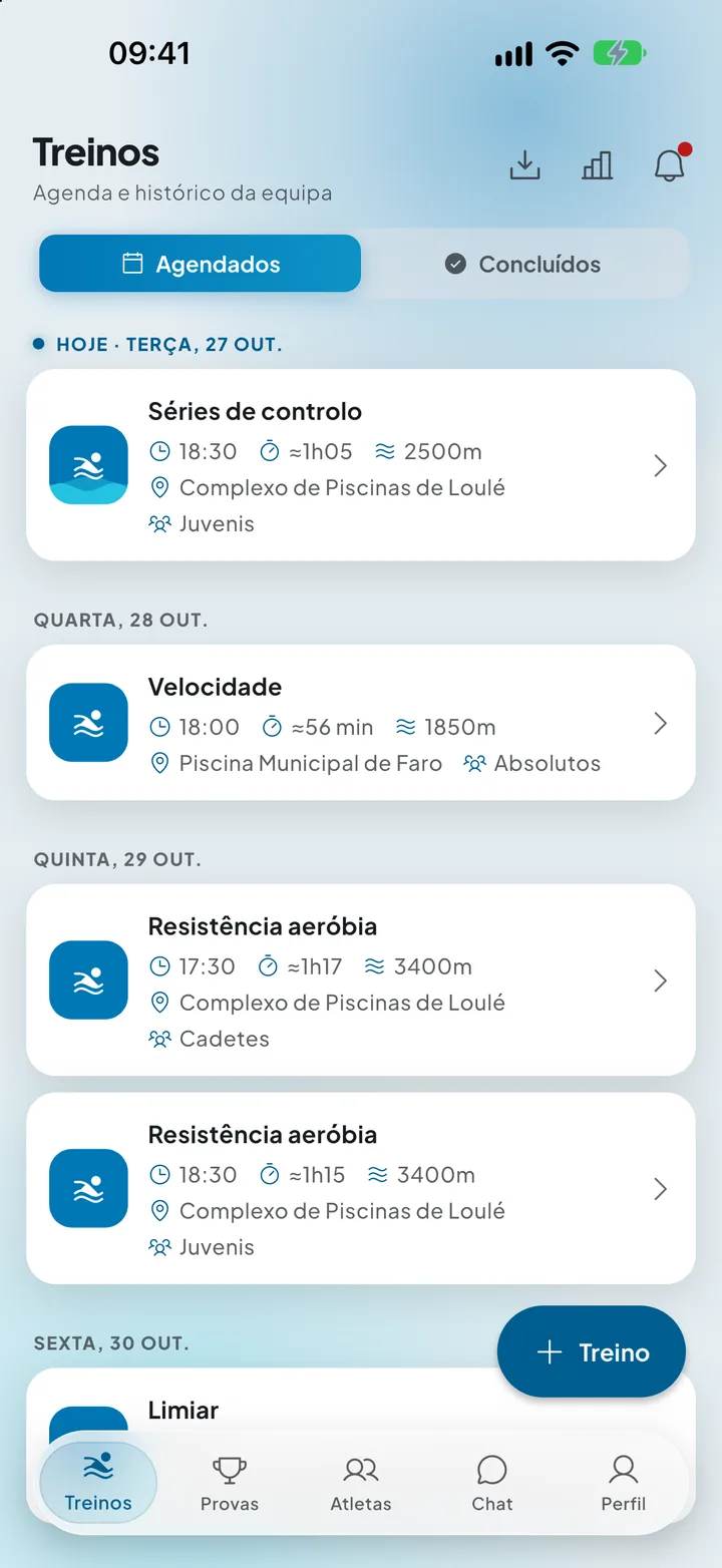 Le planning des séances de l’équipe, dans l’app ProSwimCoach